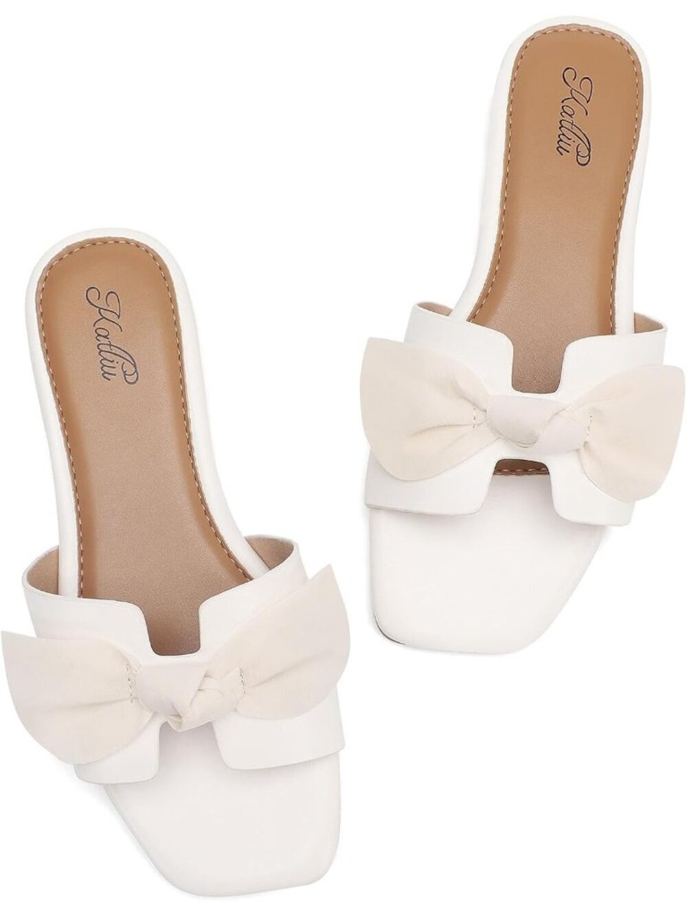 Women's White Summer comfort Square Open Toe Bow Bridal Slide Flat Sandals